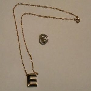 Initial E 2 Items Gold Necklace 8 1/2" And SIlver Pin 1/2"
